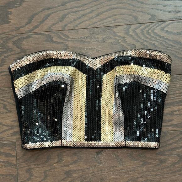 Bebe Black Silver Gold Sequin Strapless Bandeu Tube Top Size Small - Picture 1 of 5